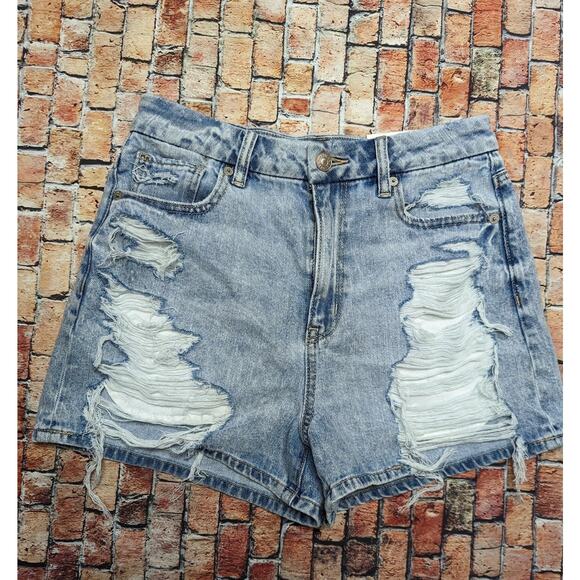 New American Eagle High Rise Mom Comfort Stretch Waist Destroyed Denim Shorts - Picture 1 of 5